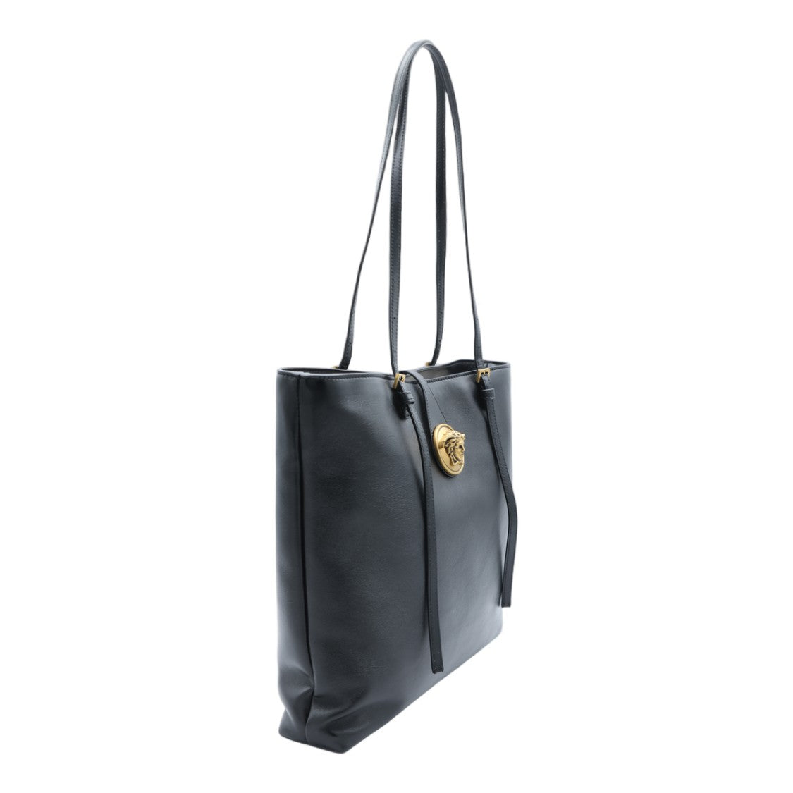 Versace Black Gold Medallion Structured Leather Tote Bag