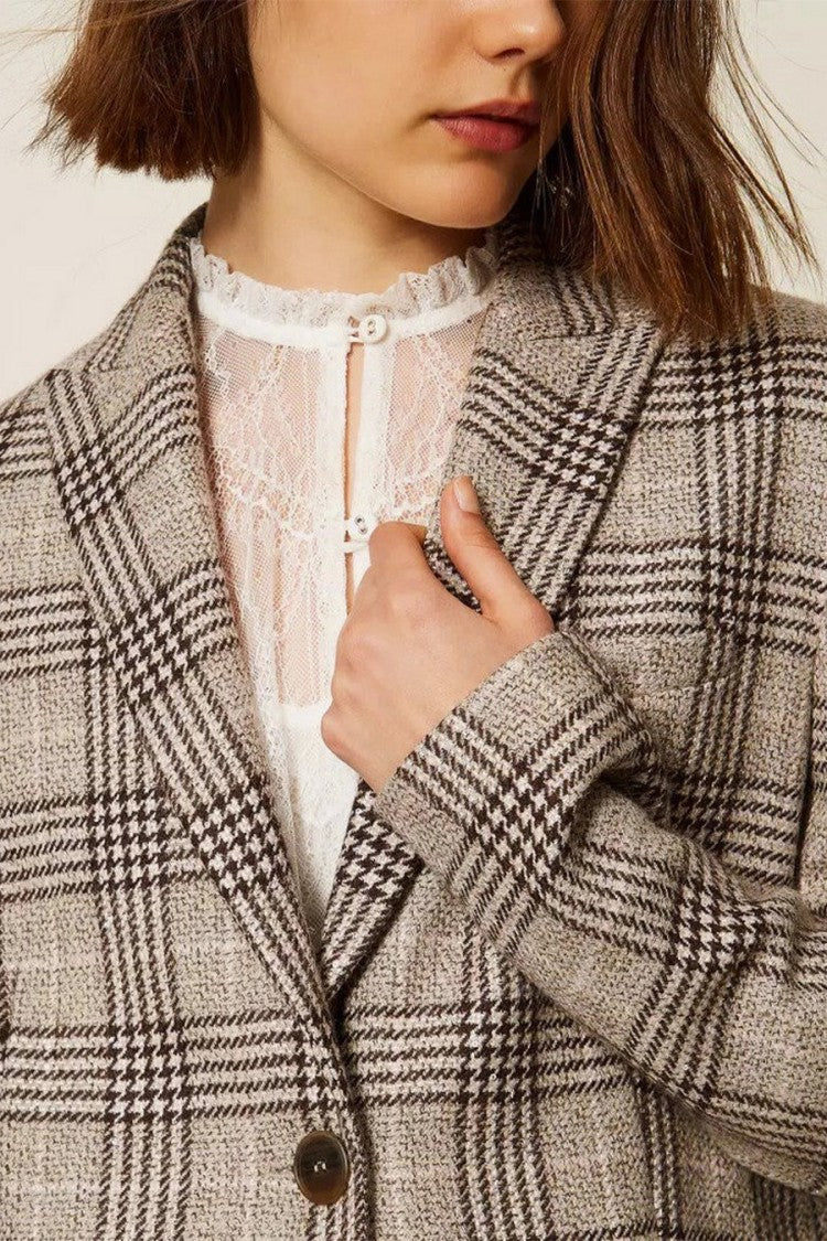 Twin-Set Grey Wool-Polyester Blend Plaid Check Blazer
