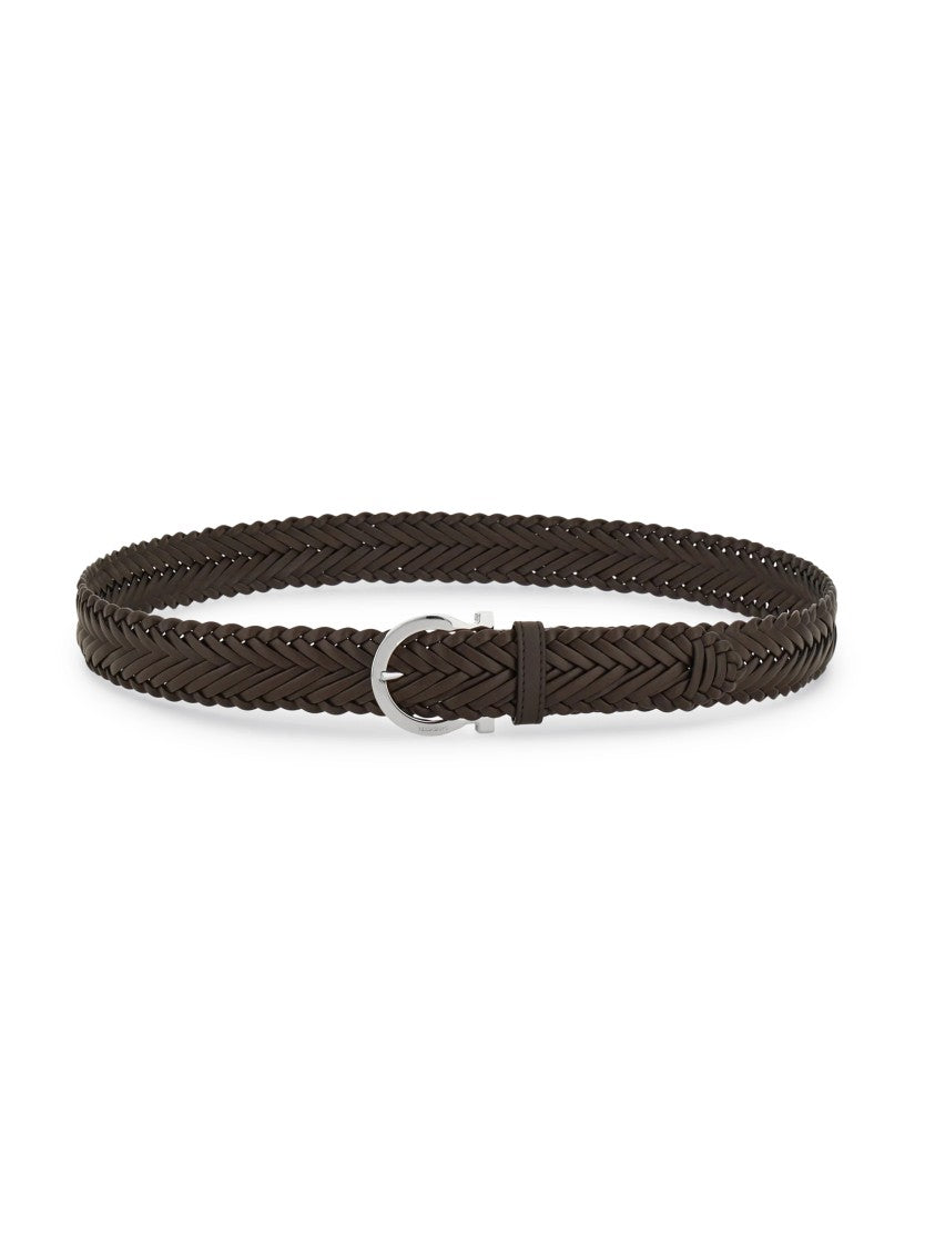 Ferragamo Braided Leather Belt With Rounded Silver Buckle