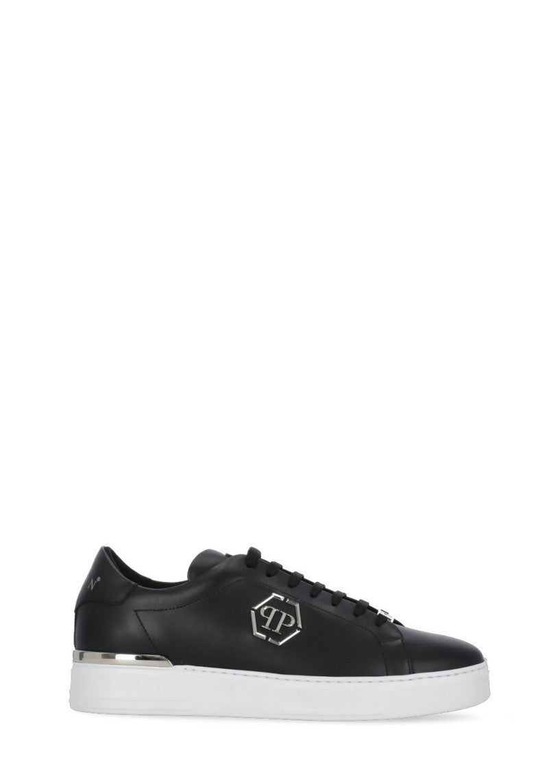 Philipp Plein Black Hexagon Metal Logo Leather Sneakers