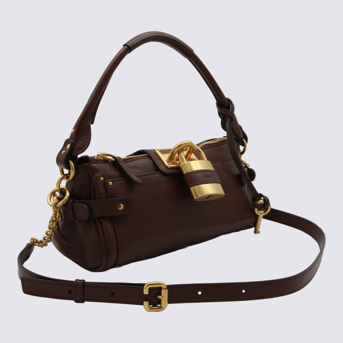 Chloé Rectangular Dark Brown Leather Handbag With Gold Tone Lock