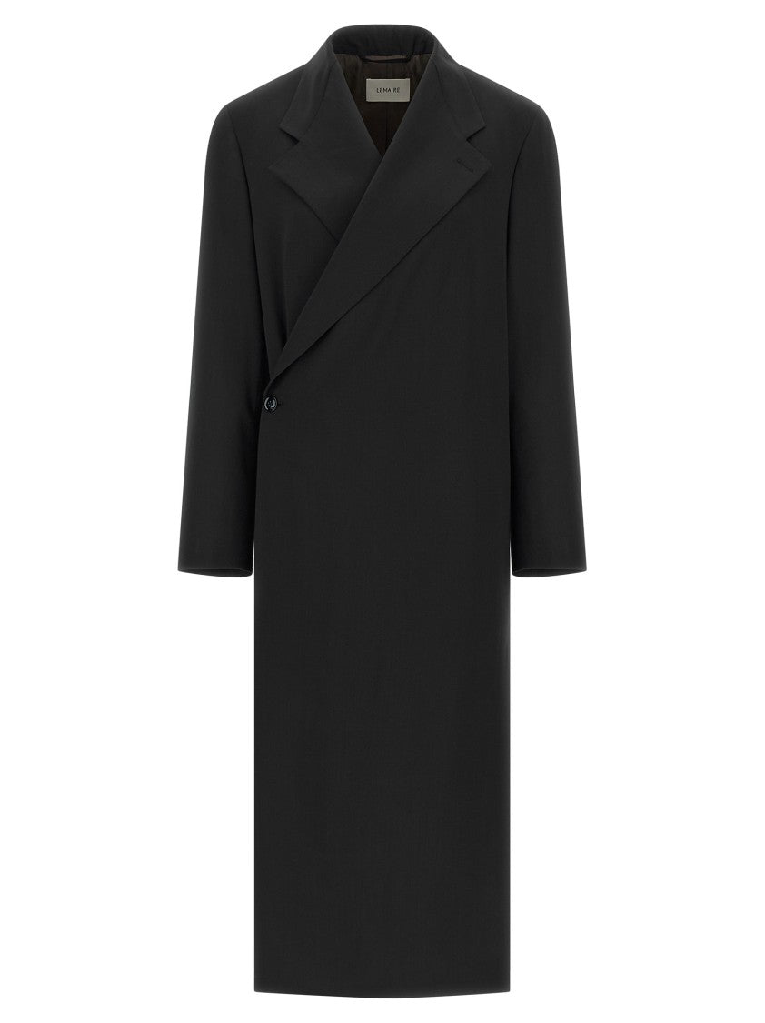 Lemaire Draped Front Long Wool Crêpe Coat With Structured Shoulders