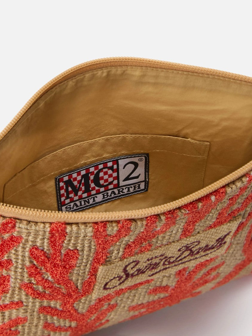 Mc2 Saint Barth Textured Rectangular Clutch Bag With Coral Embroidery