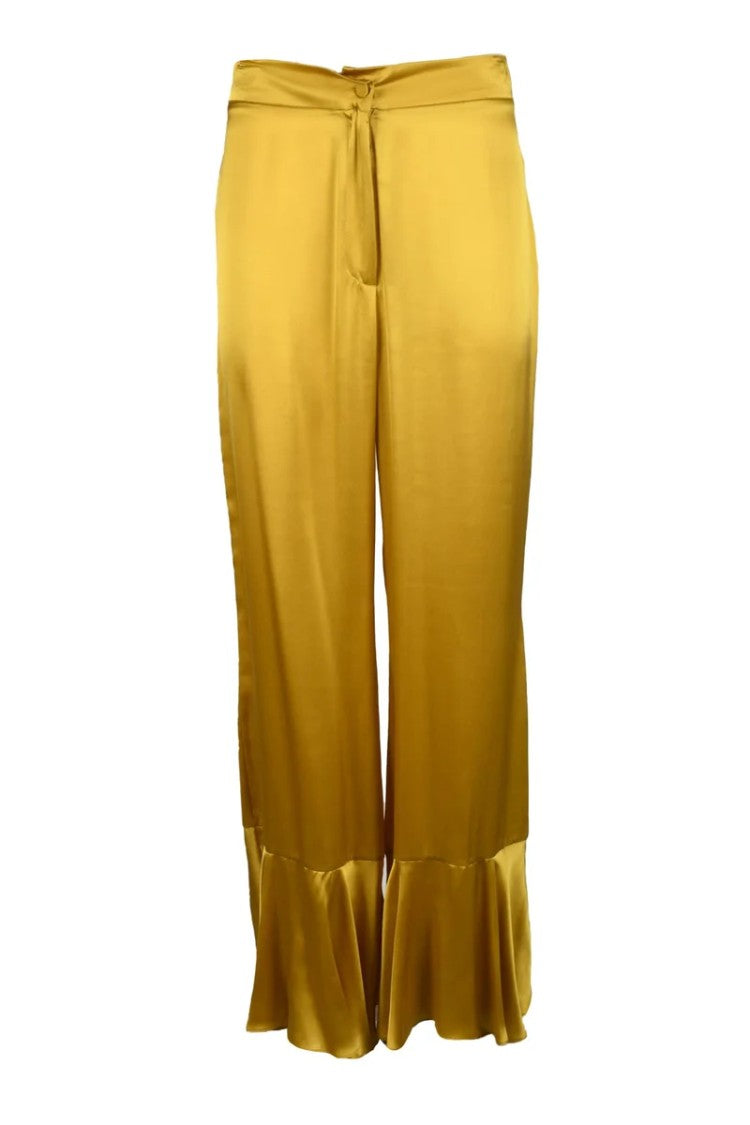 L Autre Chose Yellow Silk Trousers With Flared Ruffle Hem