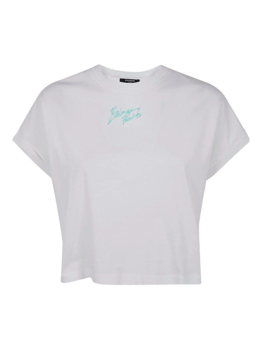 Balmain Cropped White Relaxed Logo T-Shirt