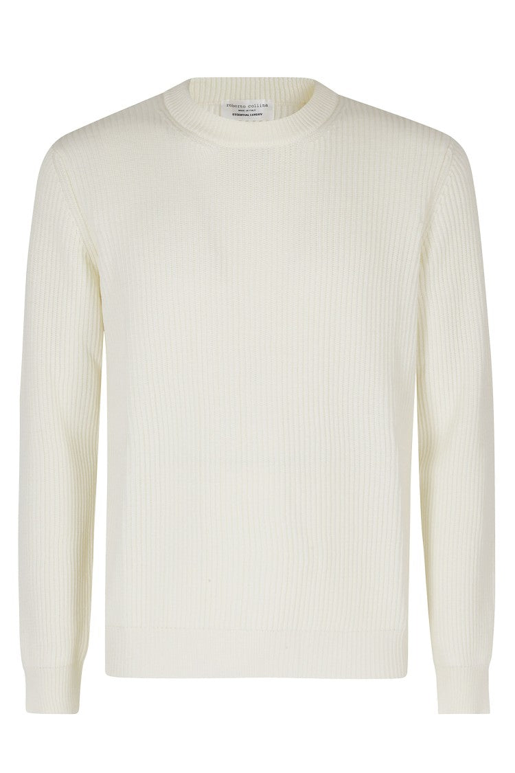 Roberto Collina White Ribbed Crew-Neck Merino Wool Sweater