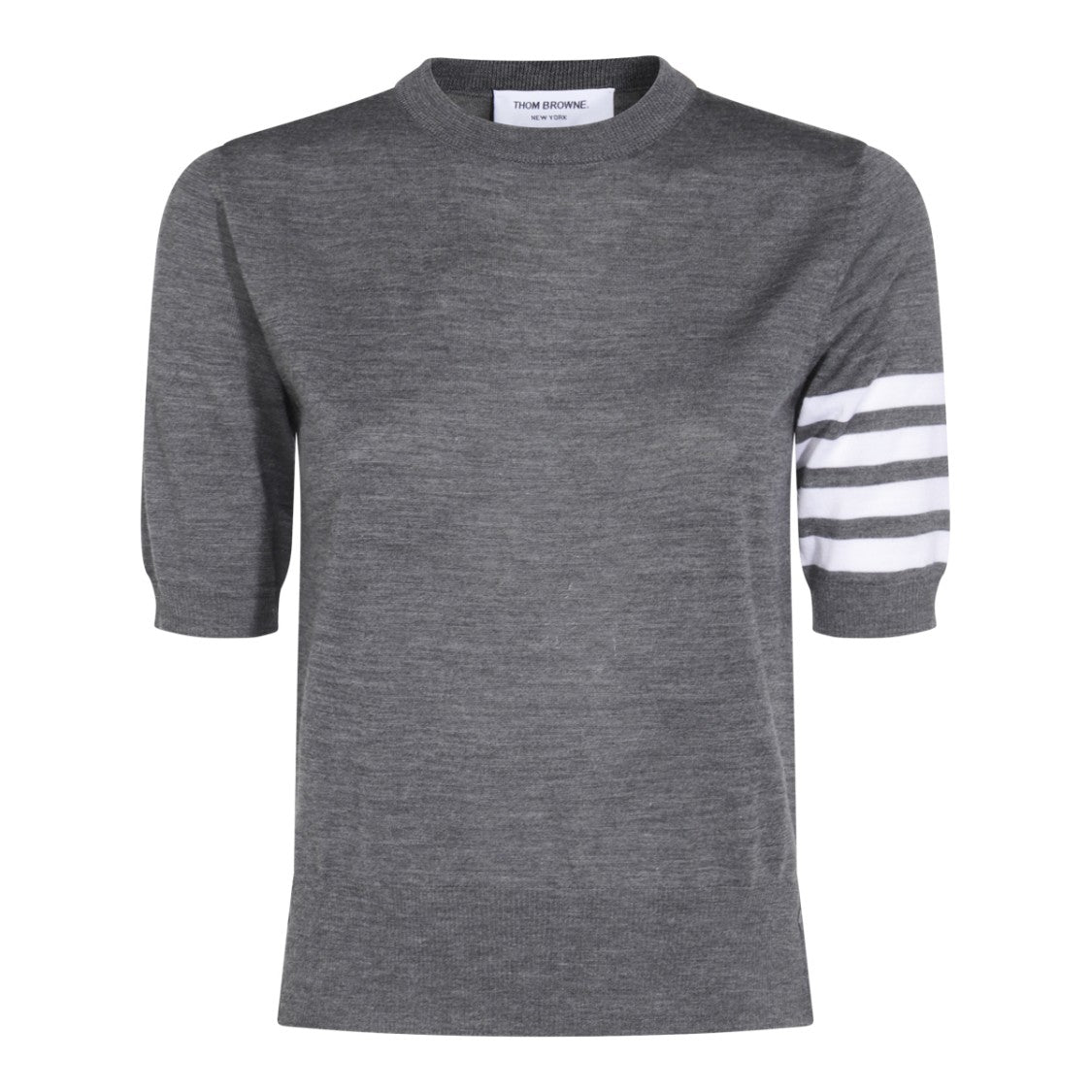 Thom Browne Grey Wool Knit Sweater With Striped Detail And Side Slits