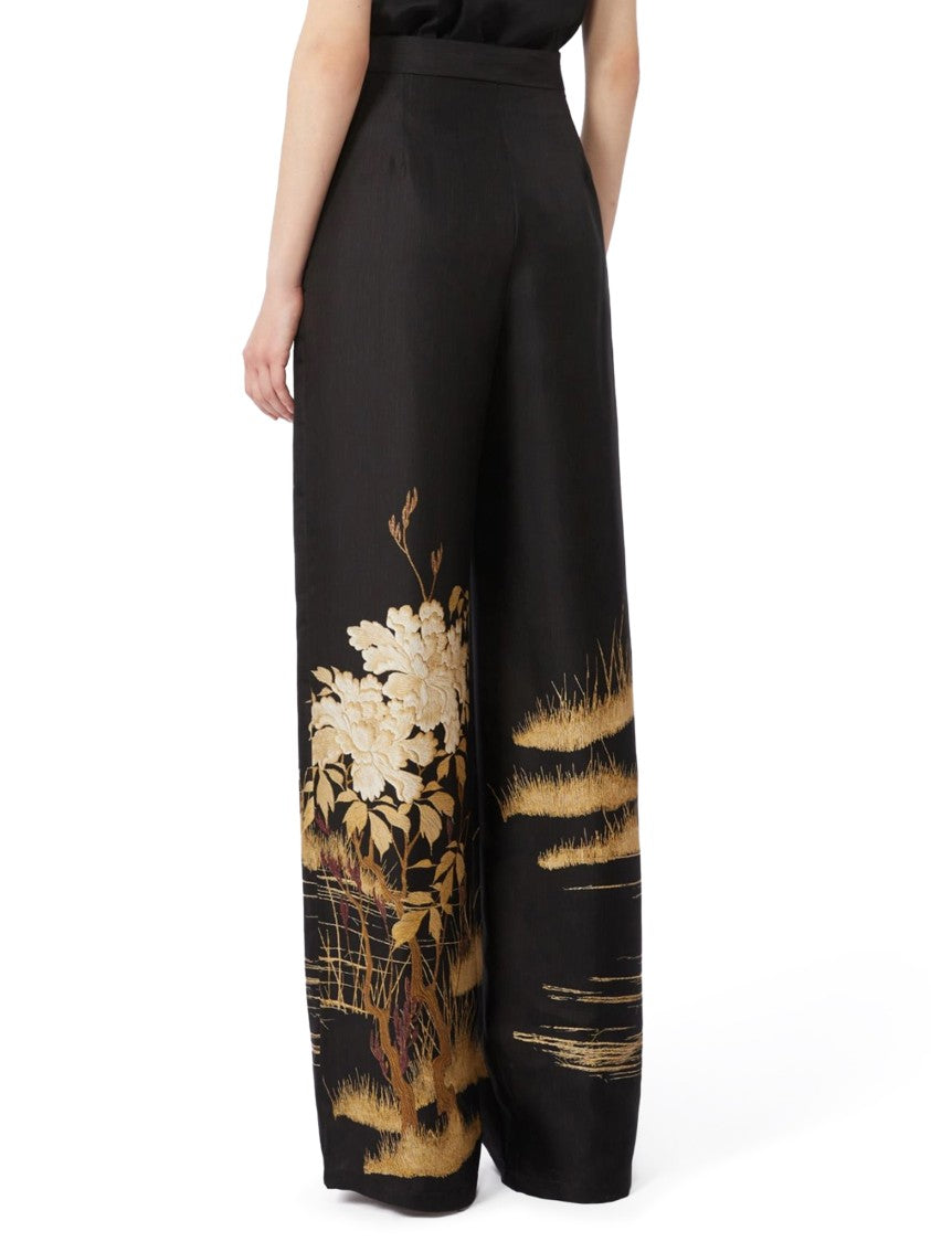 Max Mara Wide-Leg Trousers In Black Silk With Nature-Inspired Print