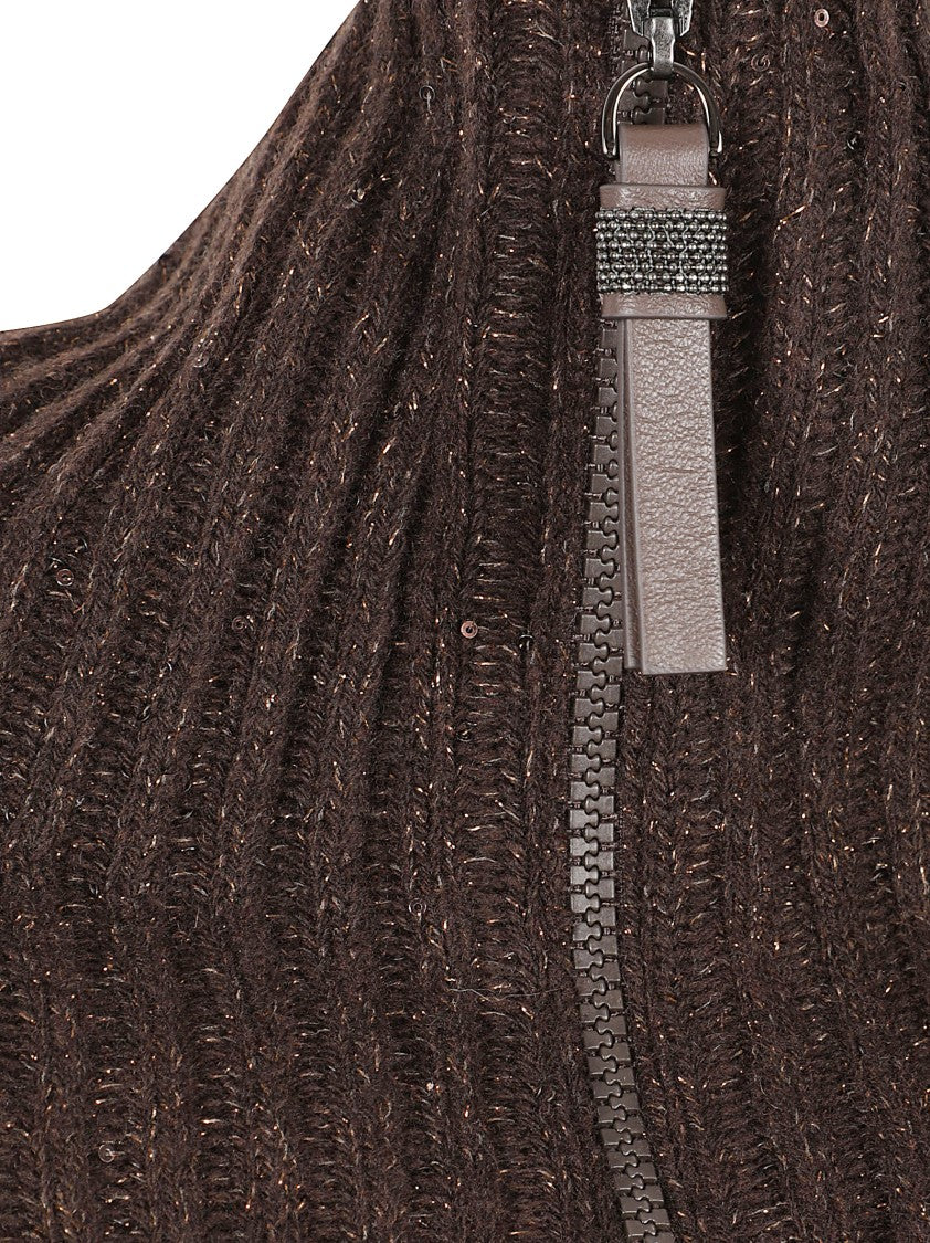 Brunello Cucinelli Cropped Ribbed Knit Sweater With High Collar And Front Zipper