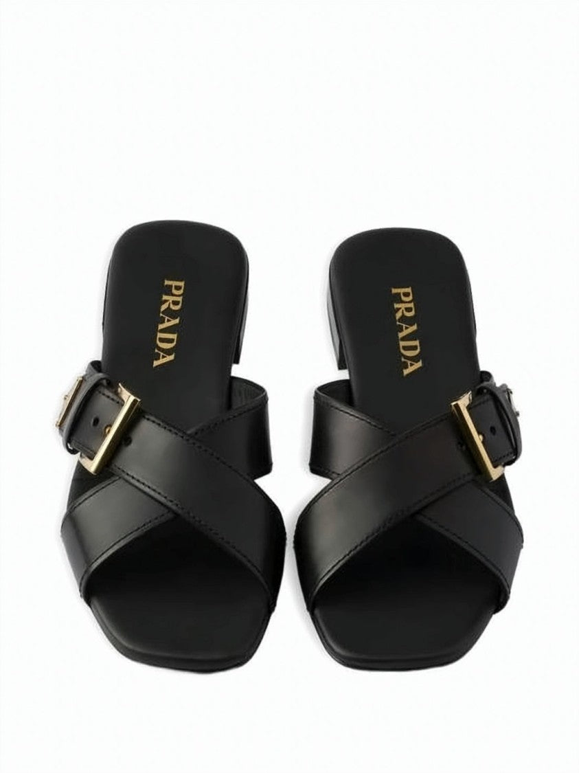 Prada Calf Leather Flat Mule Sandal With Gold-Tone Detailing