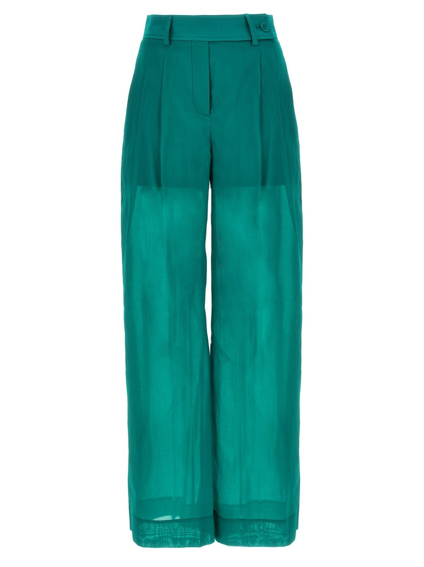 Alberta Ferretti High-Waisted Green Muslin Pants With Pleats