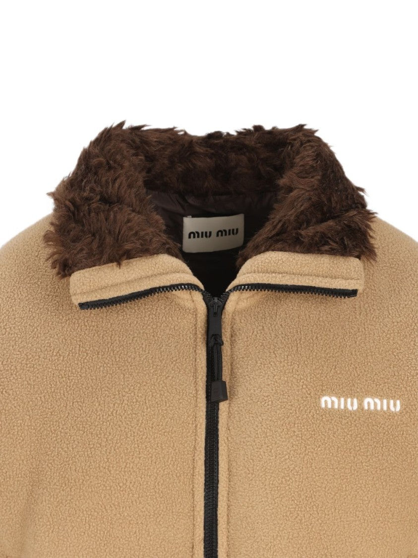 Miu Miu Cropped Plush Collar Textured Jacket