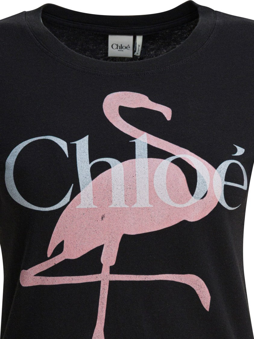 Chloé Fitted Cotton Jersey T-Shirt With Flamingo Motif