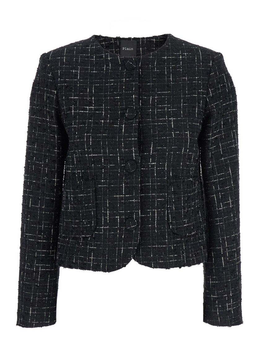 Plain Tweed Multicolor Collarless Jacket