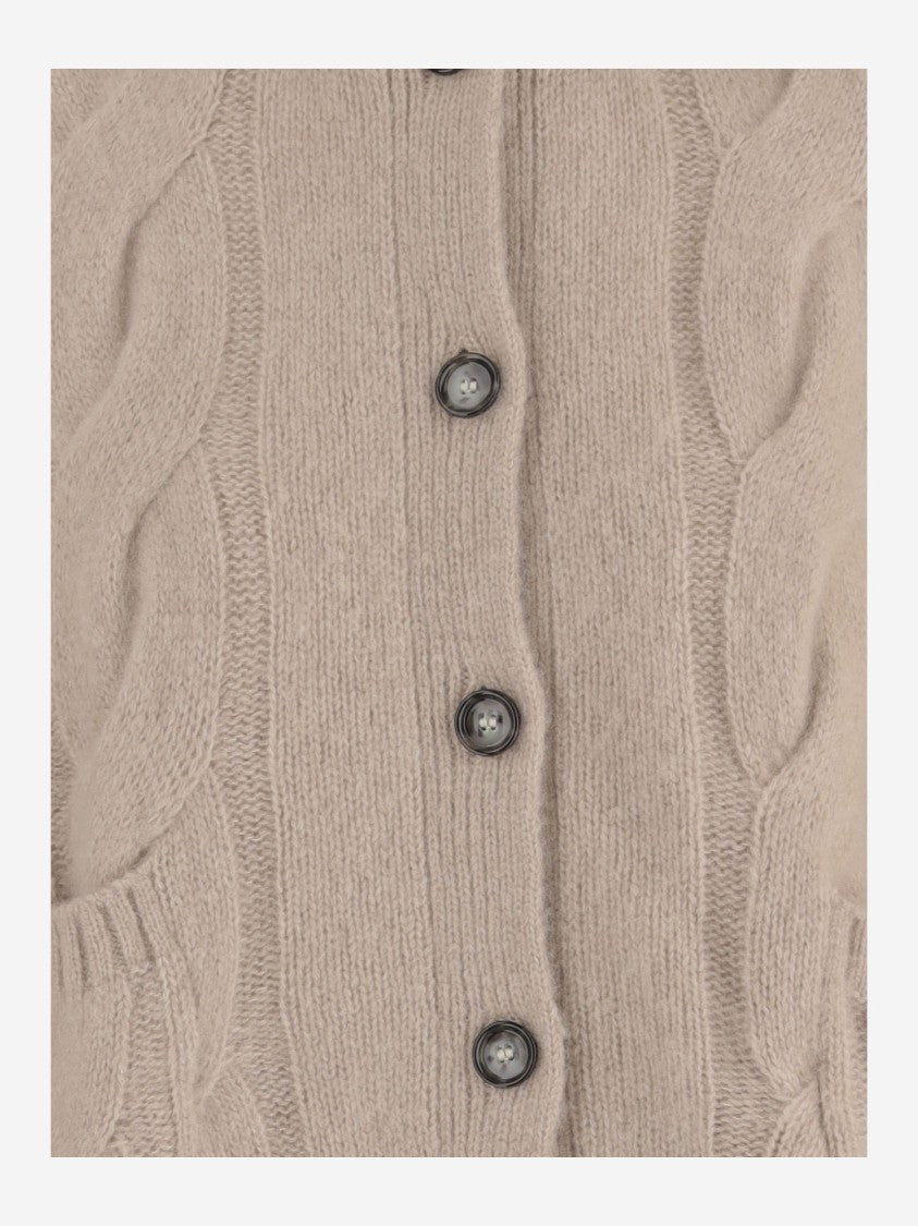 Allude Beige Classic Collar Cable Knit Cashmere Silk Cardigan