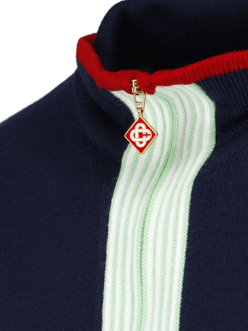 Casablanca Deep Navy Sweater With Mint Stripe And Contrasting Trim