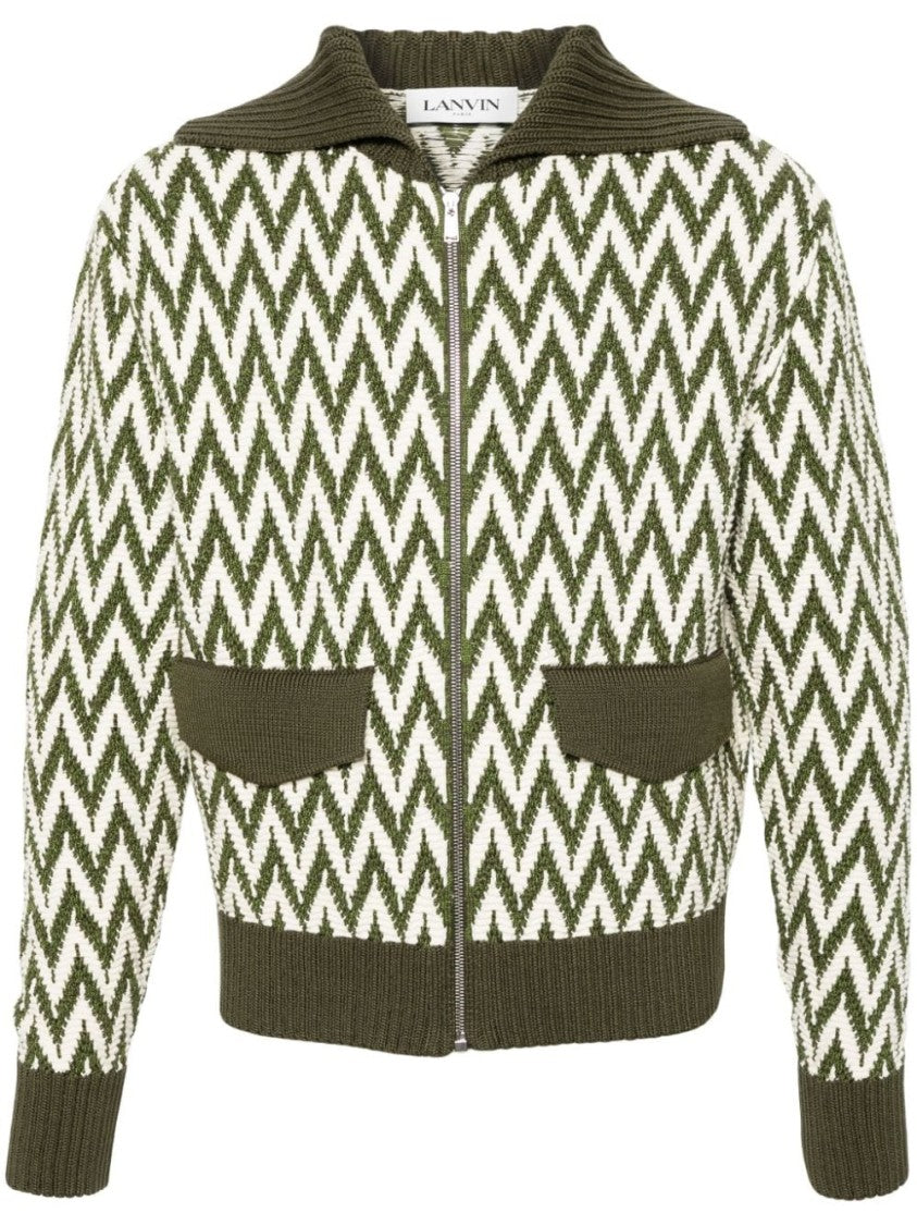 Lanvin Khaki And White Herringbone Pattern Cotton Sweater