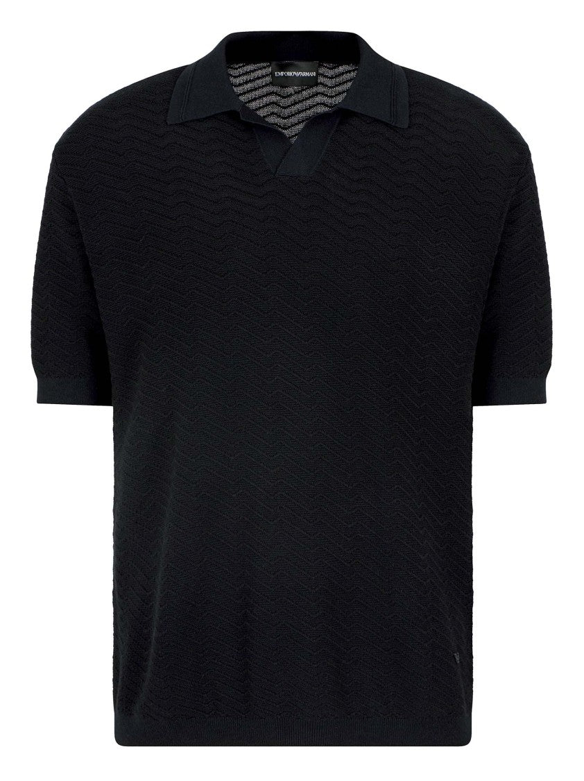 Emporio Armani Textured Navy Knit Polo Shirt With Classic Collar