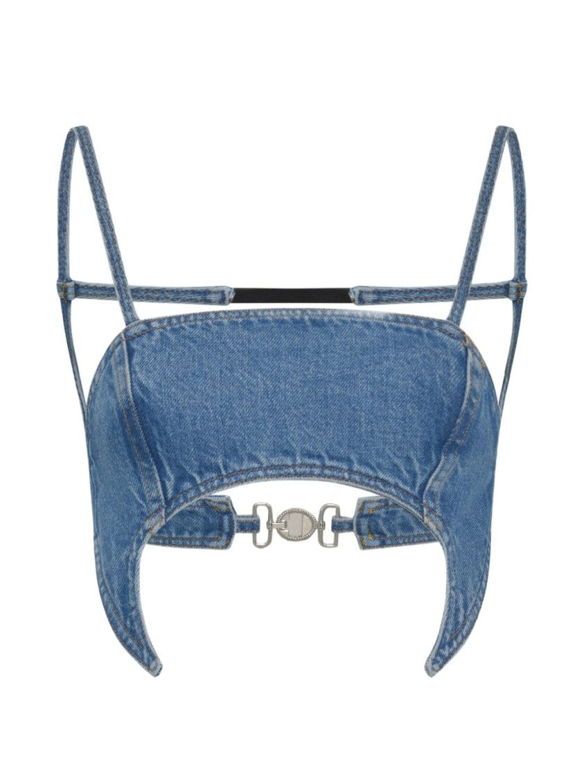 Marine Serre Blue Cropped Denim Cut-Out Top