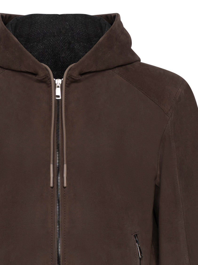 Franzese Collection Hooded Jacket In Dark Brown Suede Lambskin