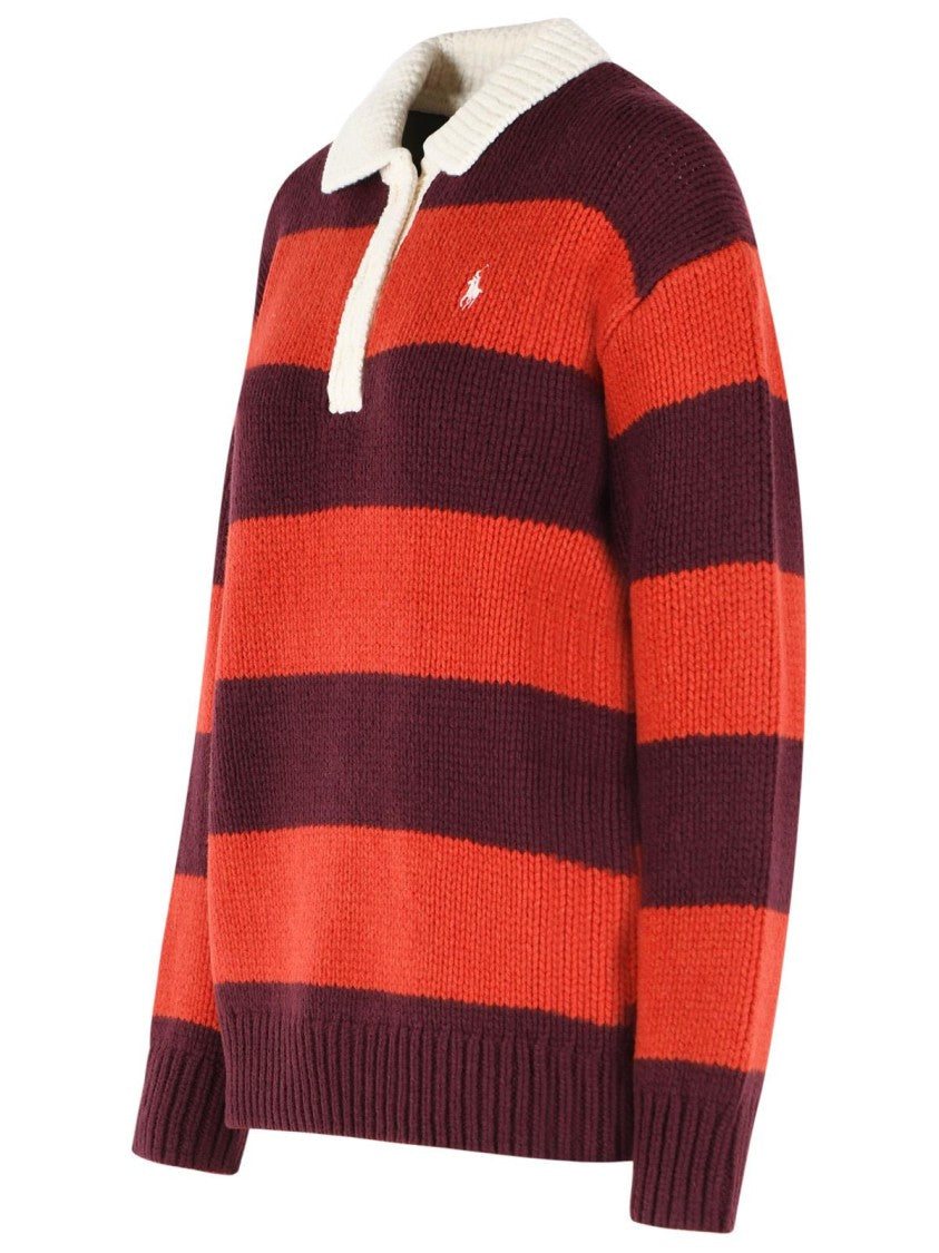 Polo Ralph Lauren Red Rugby Striped Chunky Knit Wool Sweater