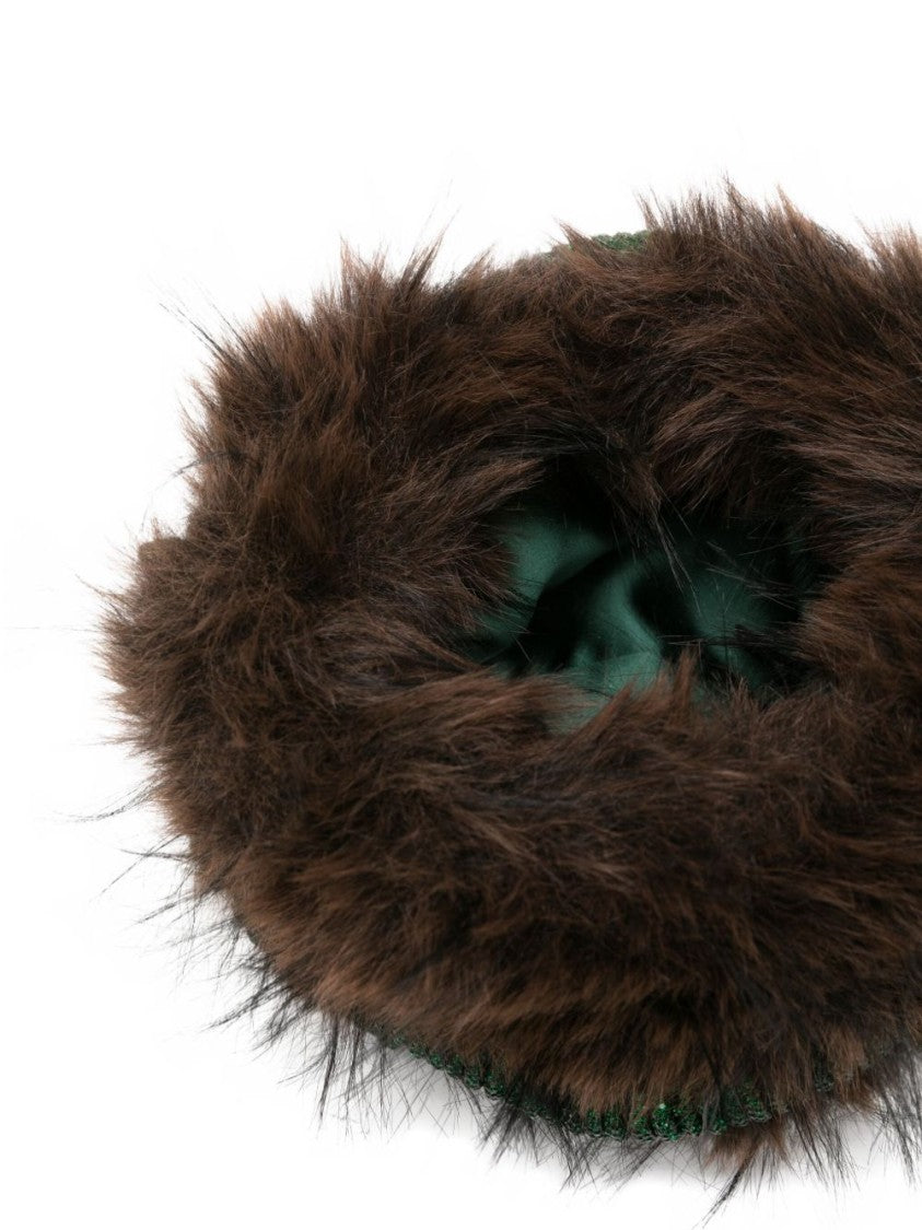 Kurt Geiger Plush Brown Clutch With Green Netted Cord Design And Gold Emblem