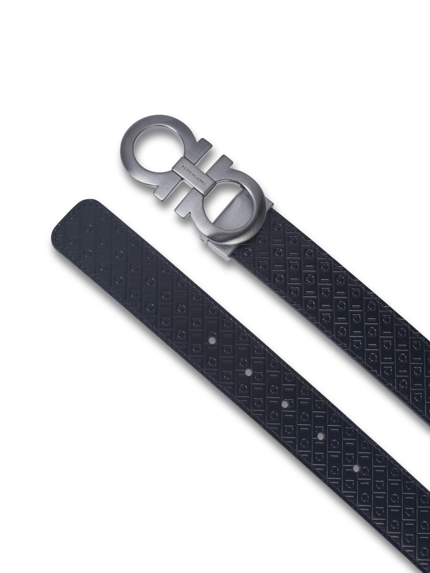 Ferragamo Textured Black Calfskin Belt With Distinctive Logo Buckle