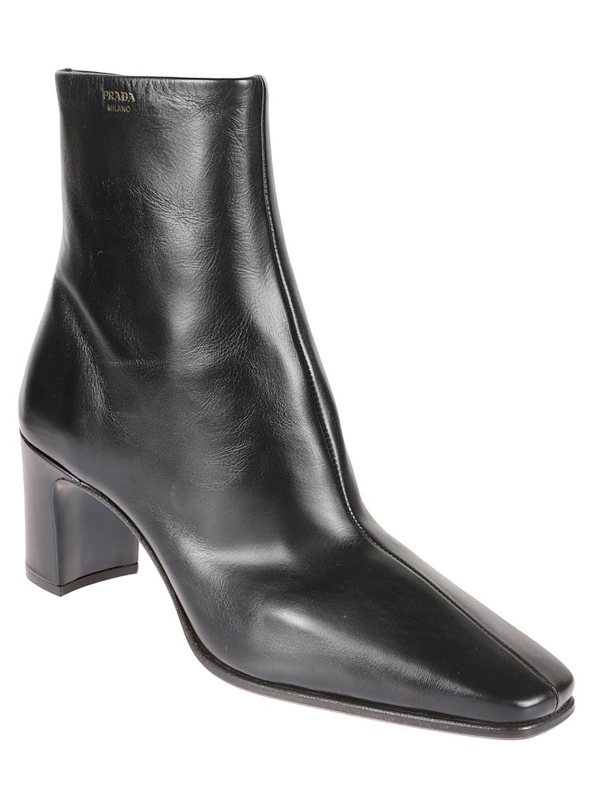Prada Polished Leather Ankle Boot With Pointed Toe And Gold-Tone Zip
