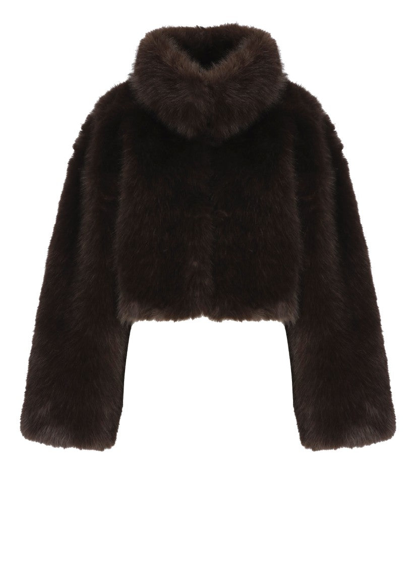 Rotate Brown Cropped High-Neck Fur Jacket