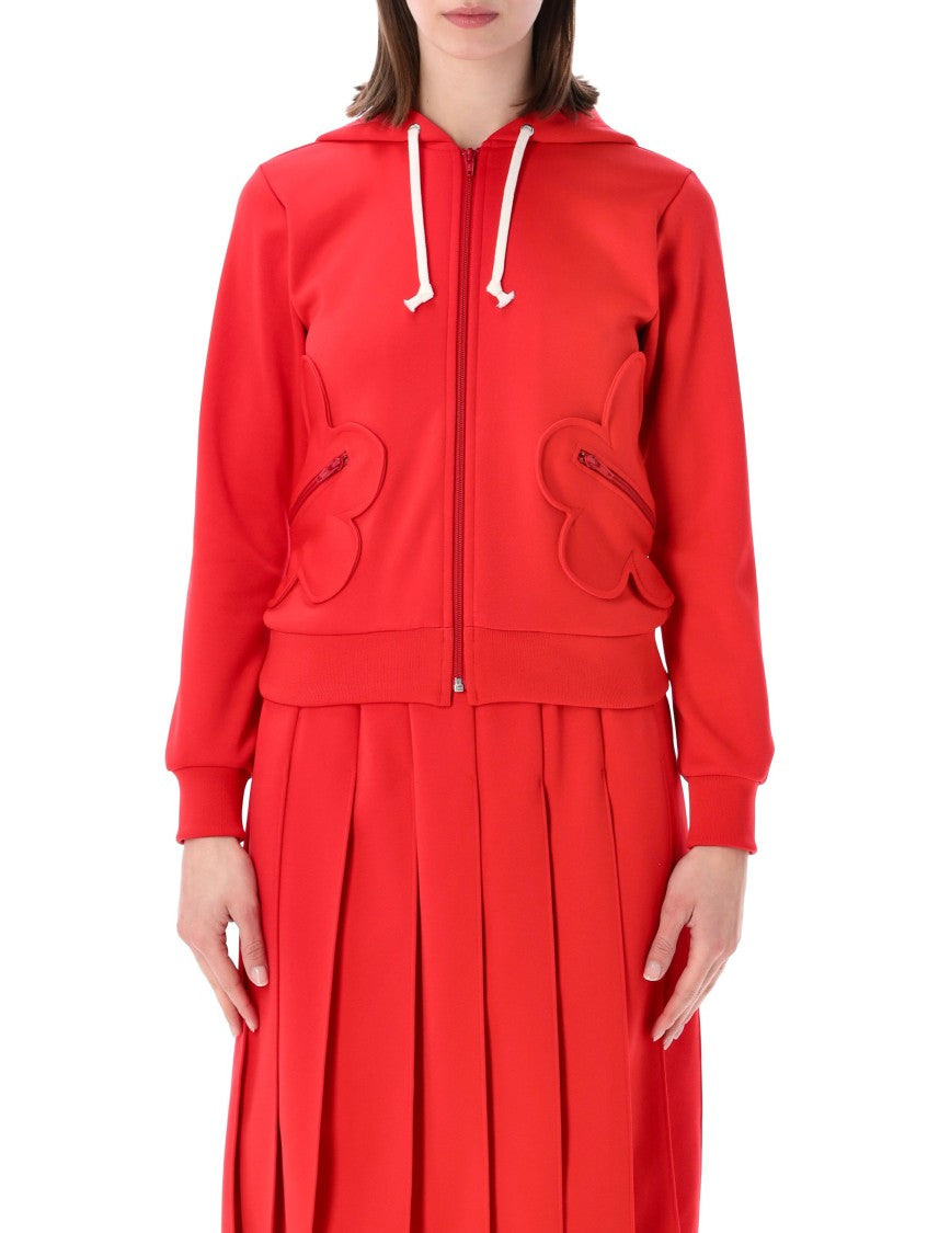 Comme Des Garçons Red Front Zip Graphic Pockets Hoodie