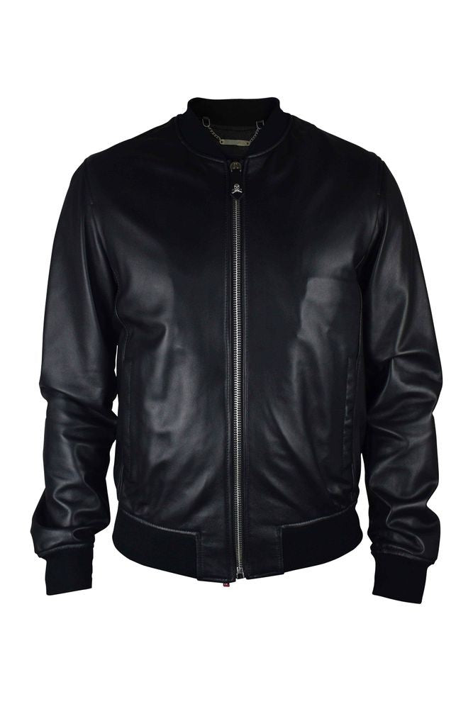 Philipp Plein Black Leather Bomber Jacket With Skull Design