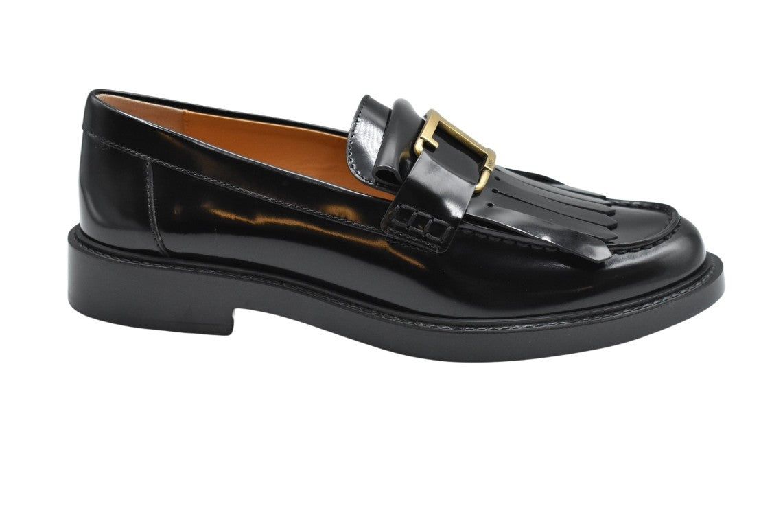 Tod's Lace-Up Flat Shoes With Elegant Fringed Detail And Gold Buckle Accent