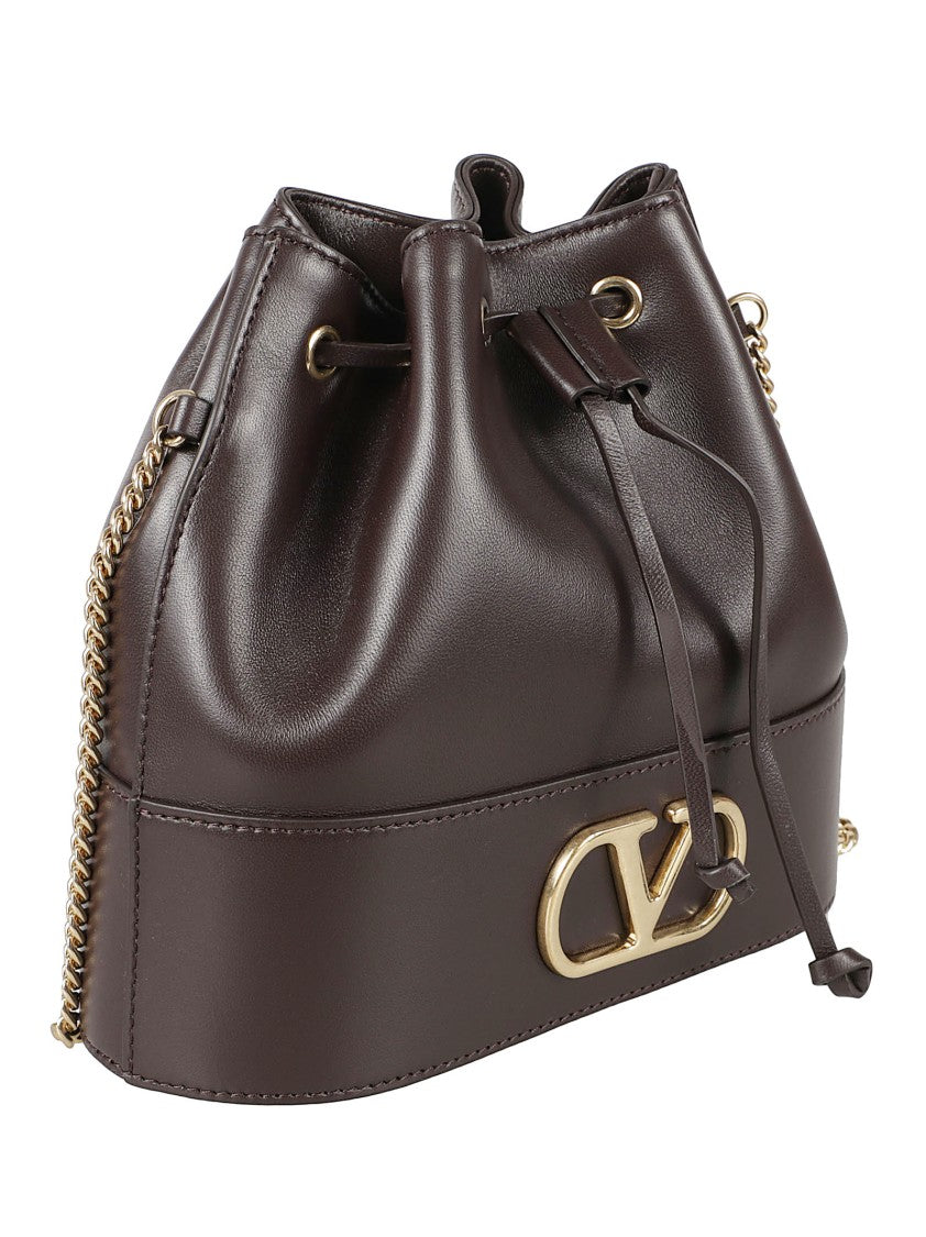 Valentino Garavani Structured Brown Bucket Bag With Gold Hardware