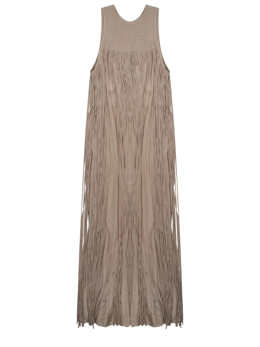 Alysi Neutrals Knitted Fringed Viscose Maxi Dress