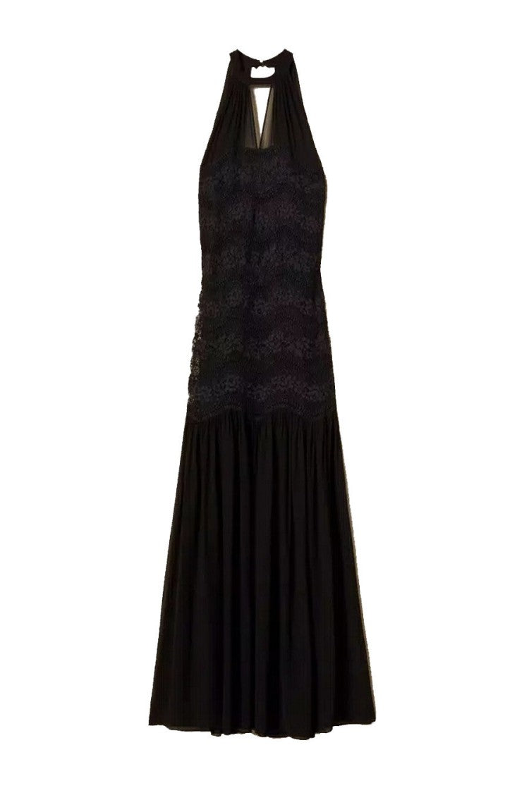 Twin-Set Black Halterneck Lace Panel Keyhole Viscose-Blend Maxi Dress