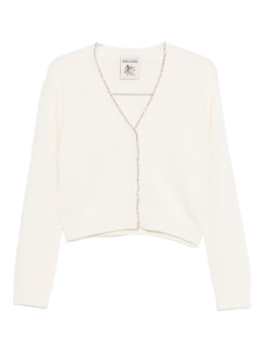 Semi Couture Cropped White Sweater With V-Neckline