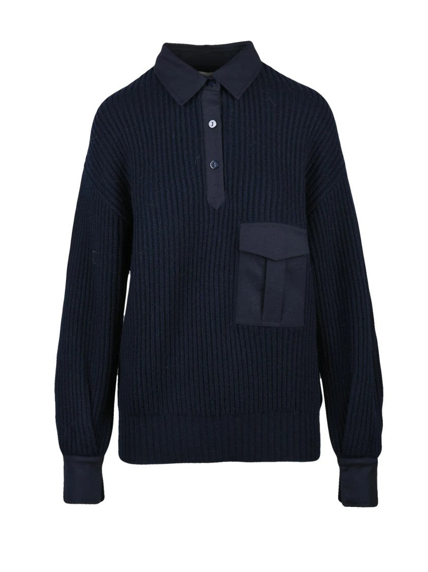 Max Mara Ribbed Knit Vanda Sweater With Classic Collar And Flap Pocket