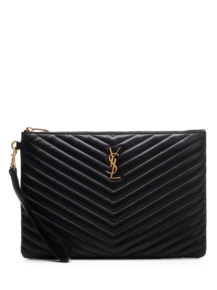 Saint Laurent Chevron Quilted Leather Clutch With Wrist Strap