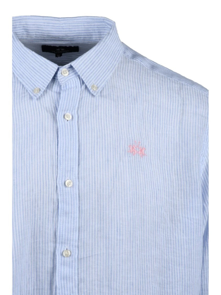 La Martina White Light Blue Linen Striped Shirt