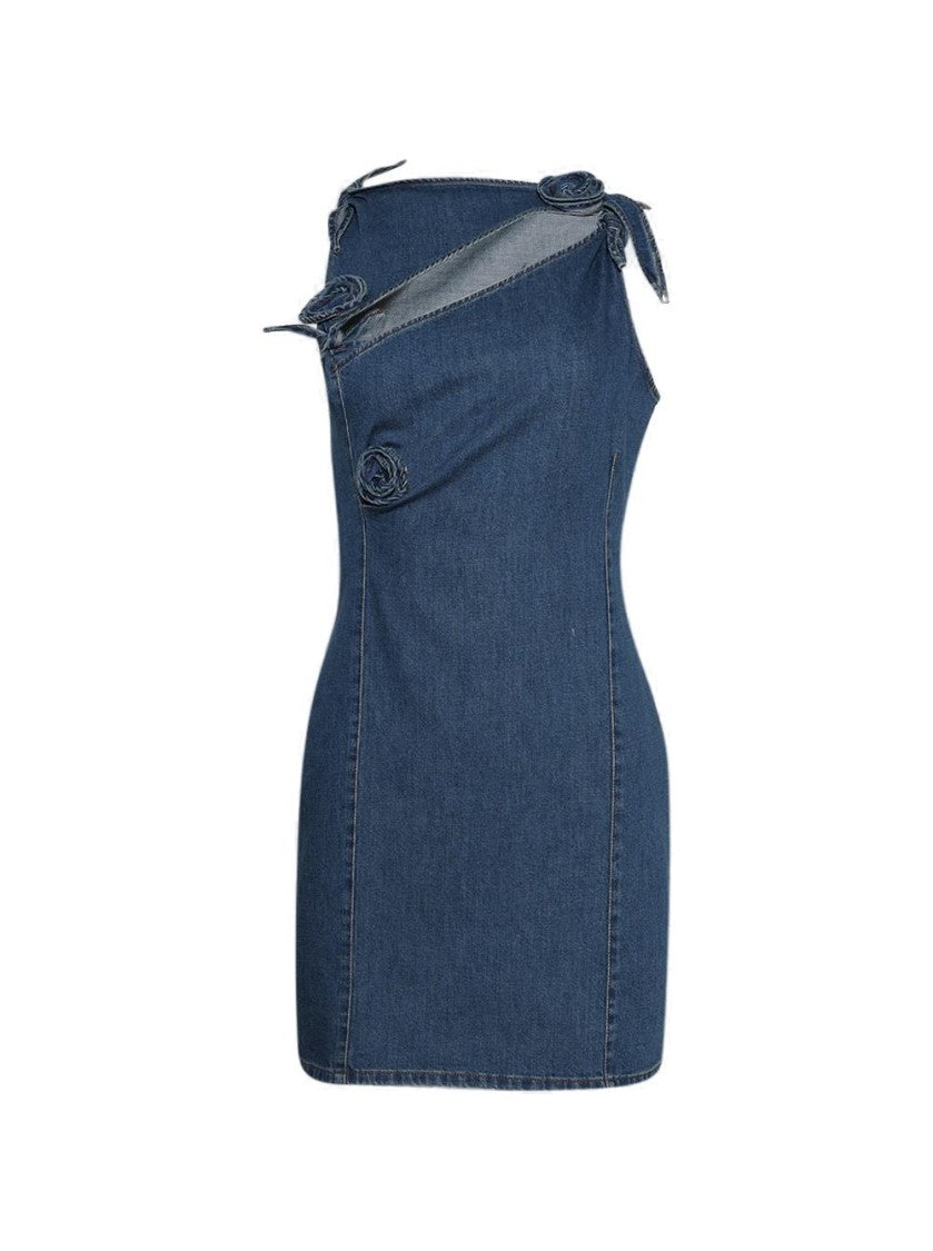 Coperni Denim Asymmetric Flower Mini Dress Blue