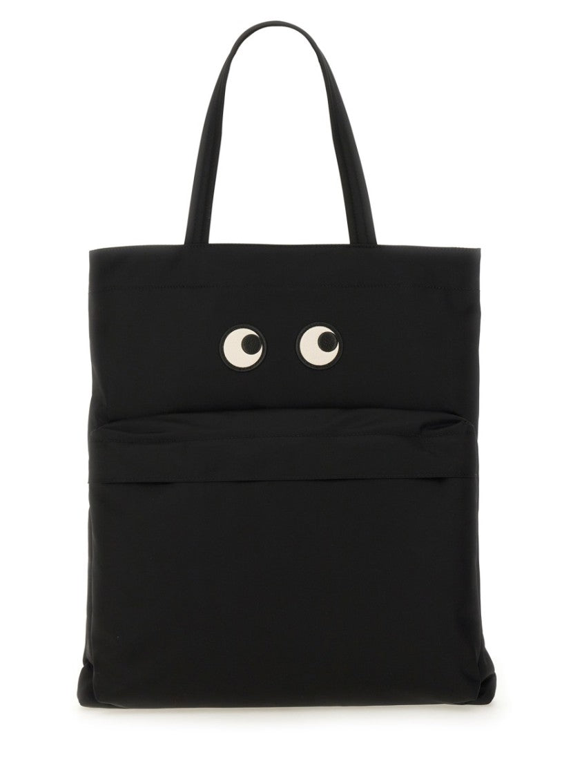 Anya Hindmarch Playful Black Tote With Eye Motifs And Zippered Pocket