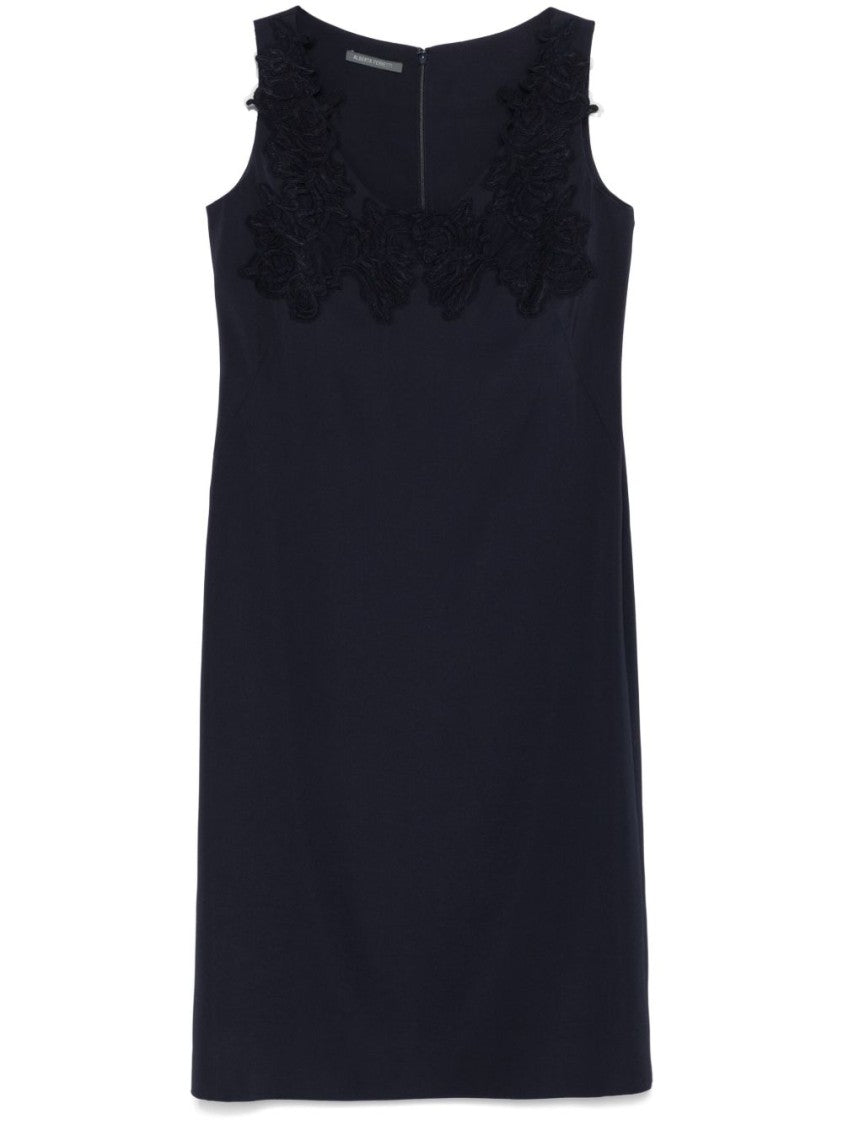 Alberta Ferretti Floral Embroidered Blue Dress With Deep V-Neckline