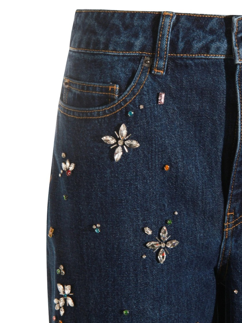 Self-Portrait Wide-Leg Denim Jeans With Floral Embellishments