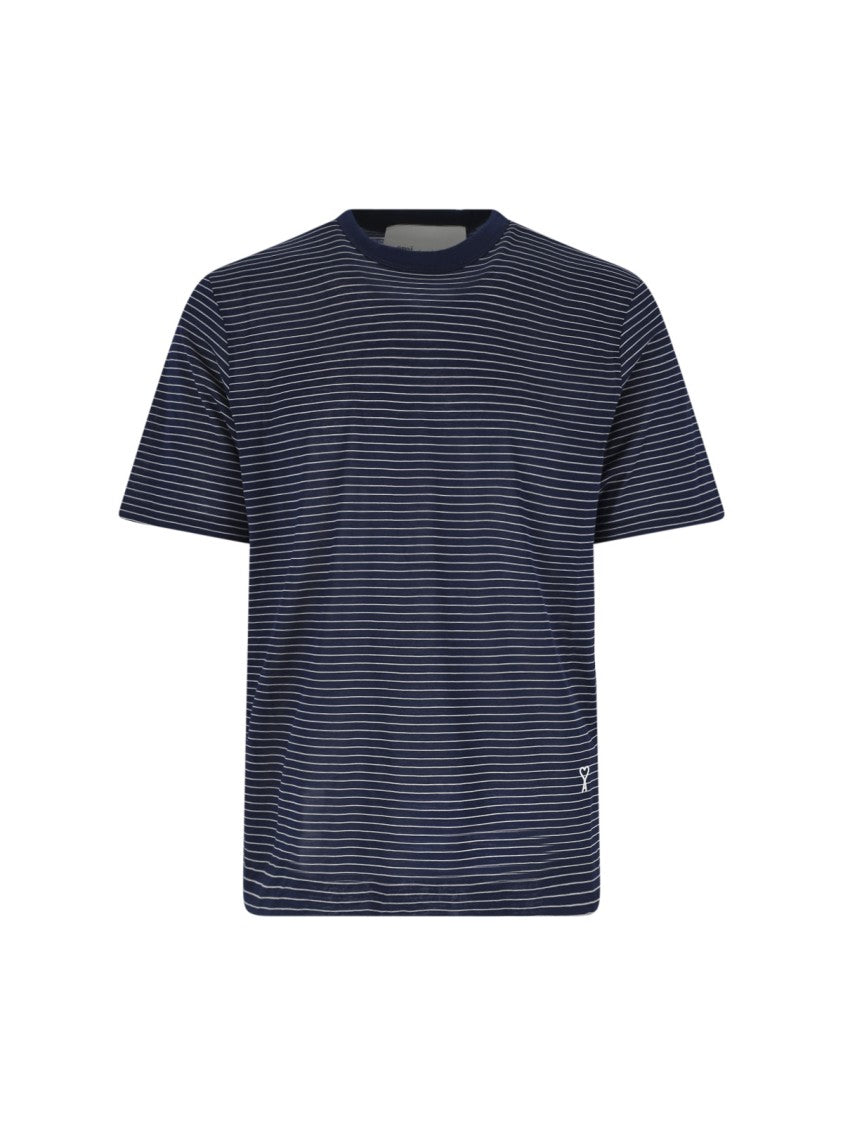 Ami Paris Navy Blue Striped Logo Cotton T-Shirt