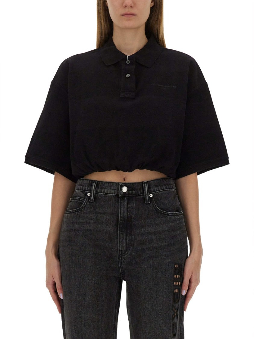 T By Alexander Wang Cropped Black Polo With Drawstring Hem