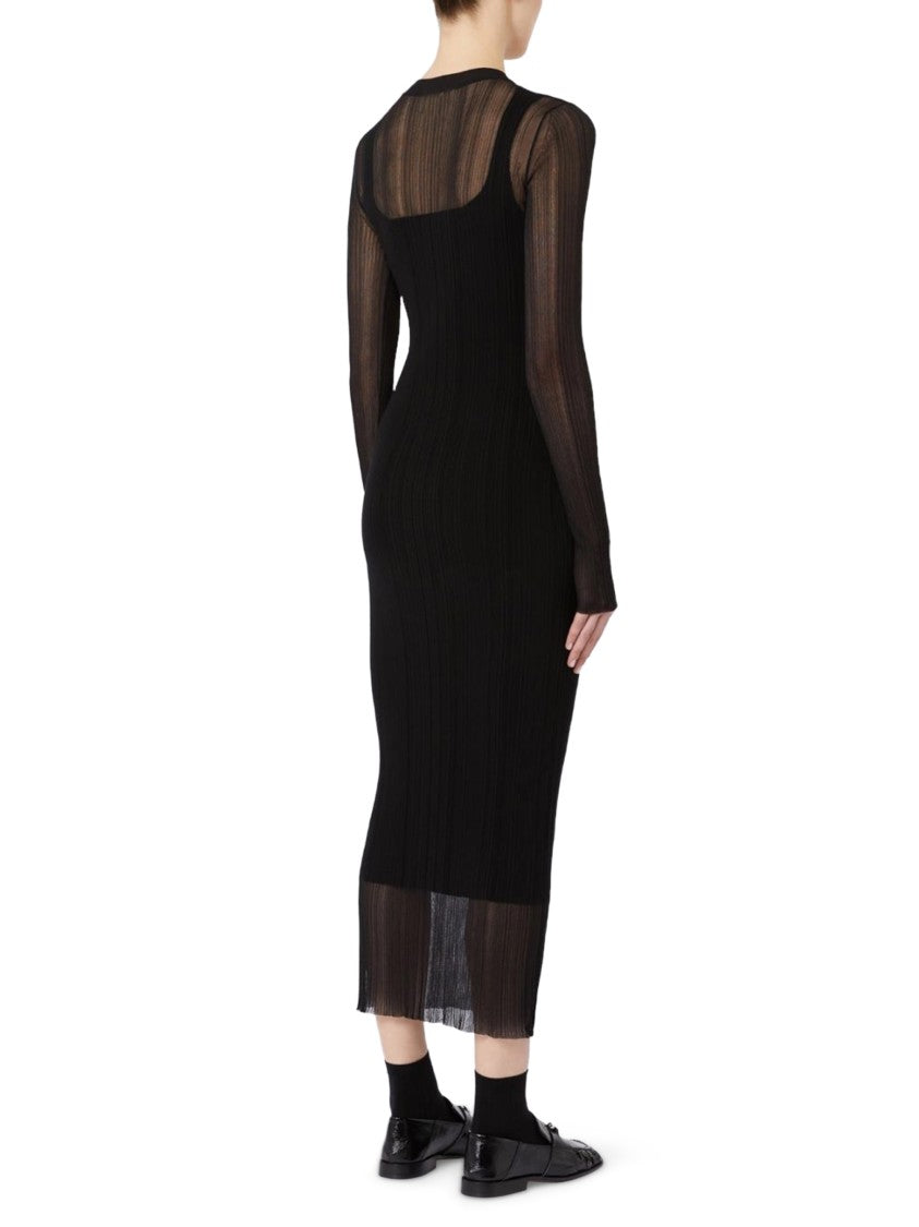Max Mara Fitted Black Knit Midi Dress With Sheer Overlay