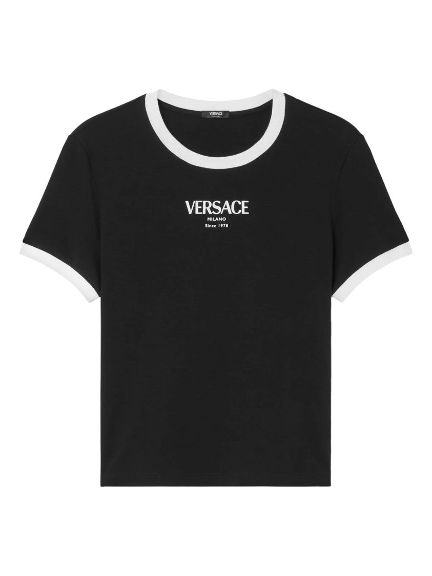 Versace Black Cropped Viscose Contrast Trim T-Shirt