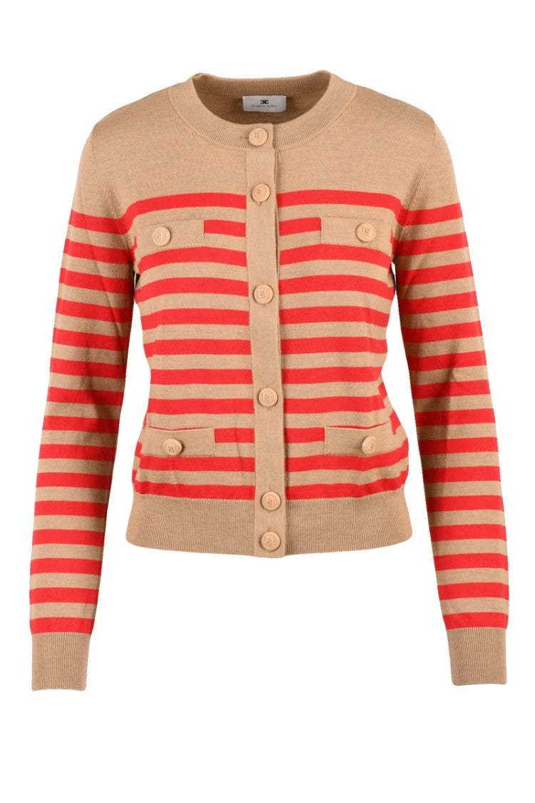 Elisabetta Franchi Short Crew Neck Cardigan - Beige/Red