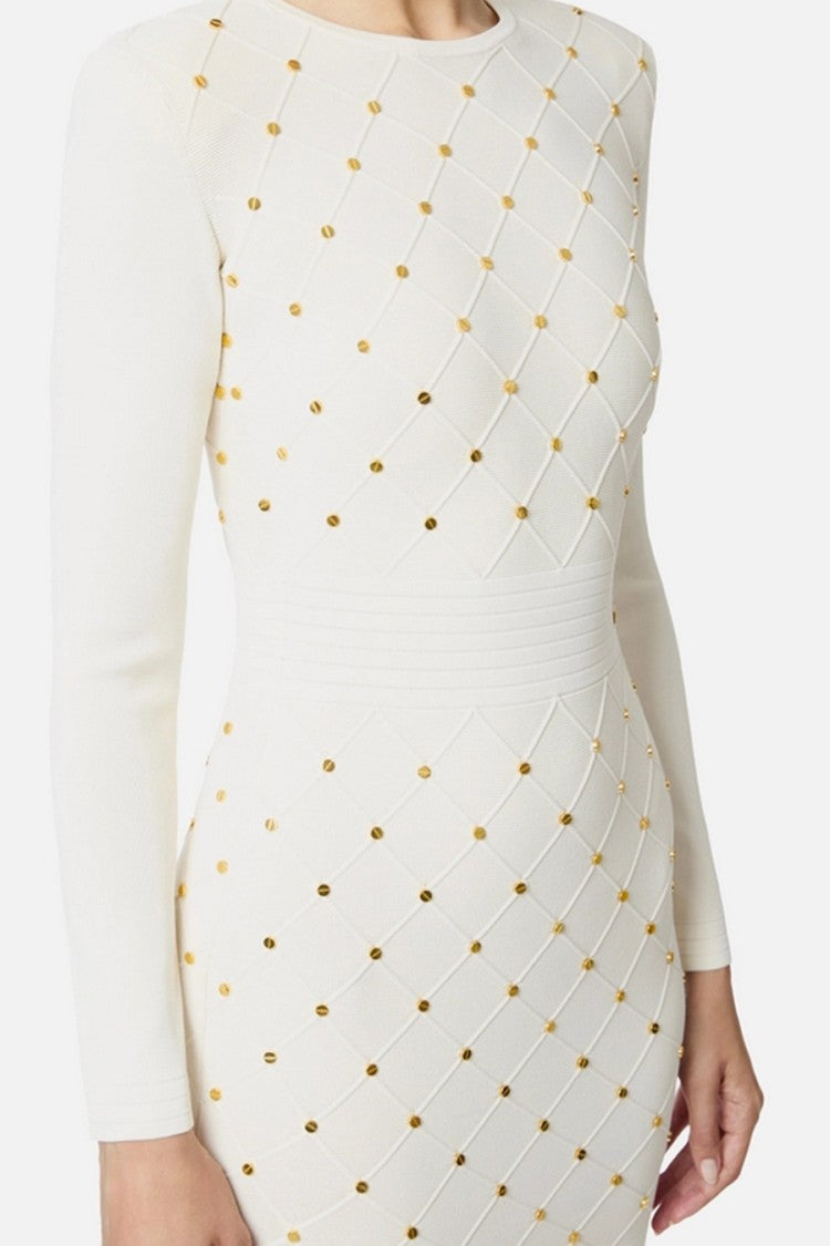 Elisabetta Franchi White Allover Gold-Stud Viscose-Blend Mini Dress