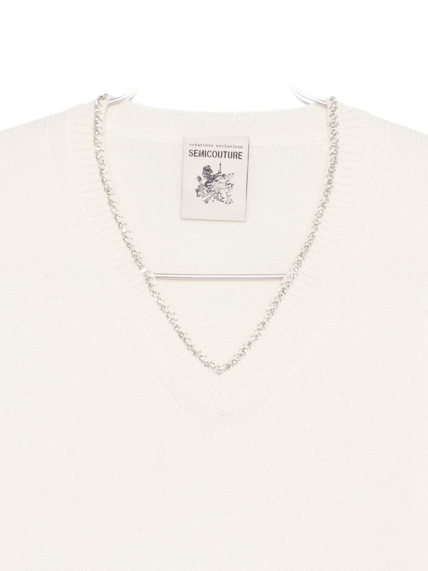 Semi Couture Chain Detail V-Neck Knit Sweater In Soft White